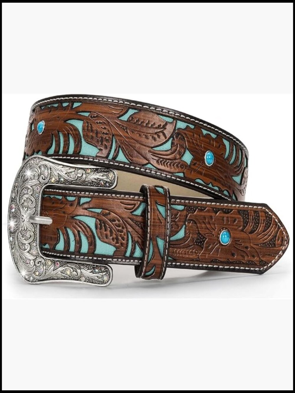 Faux Leather Rhinestone Western Belt with Turquoise Carved Pattern
